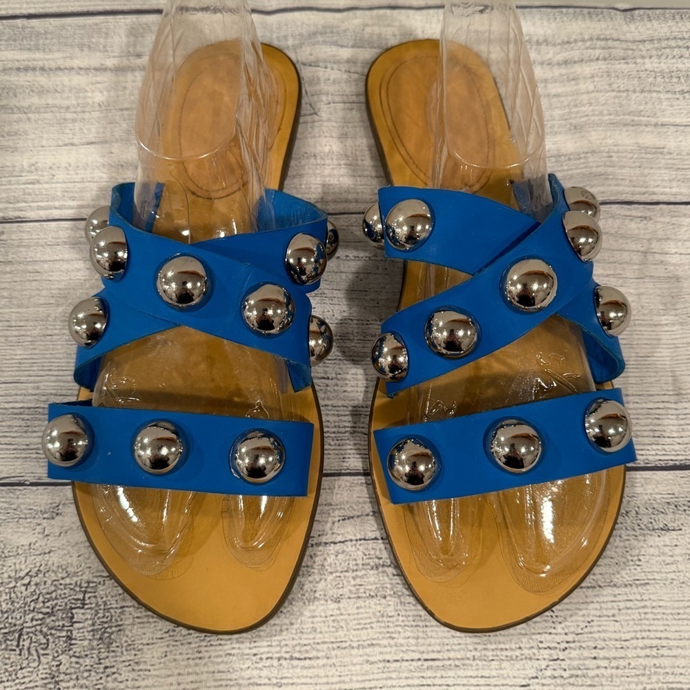 Marc Fisher Blue Studded Slide Sandals Size 8.5 Statement Stud Flats - Picture 2 of 14